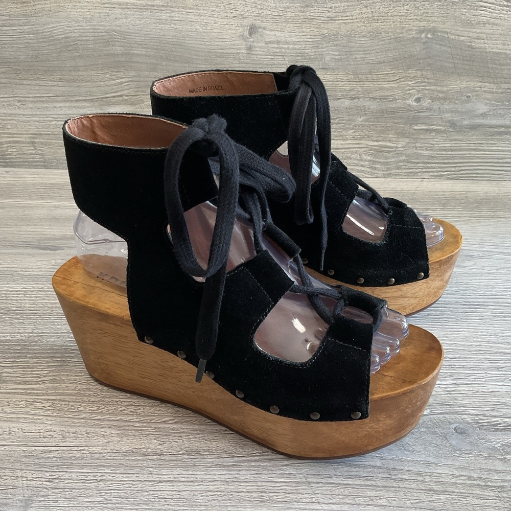 Y2K KDB Womens Sandals Vintage Wedge Size 7 Brazil Lace Up Suede Ankle Strap